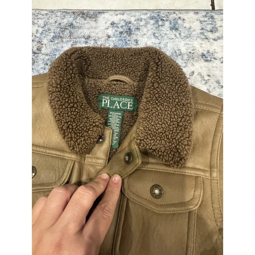Vintage The Children's Place Brown Faux Leather Sherpa Jacket Baby Boy 24M Y2K